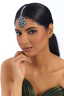 Gold Finish Kundan Polki & Green Stone Maangtikka