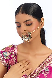 Gold Finish Kundan Polki & Green Pearl Floral Nath With Chain