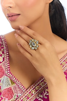 Gold Finish Kundan Polki & Pink Stone Floral Ring