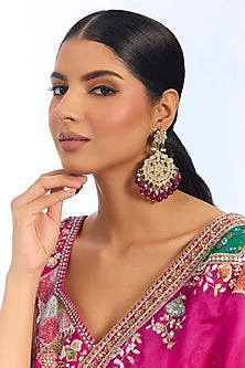 Gold Finish Kundan Polki & Maroon Tassel Chandbali Earrings