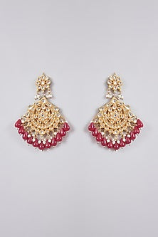Gold Finish Kundan Polki & Maroon Tassel Chandbali Earrings