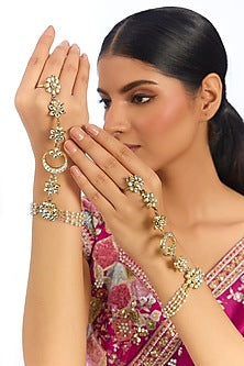 Gold Finish Kundan Polki Floral Hand Harness (Set Of 2)