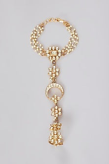 Gold Finish Kundan Polki Floral Hand Harness (Set Of 2)