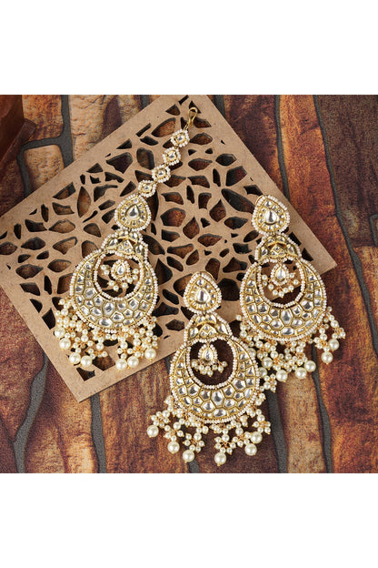 Gold Plated Chandbali Earrings With Maang Tikka
