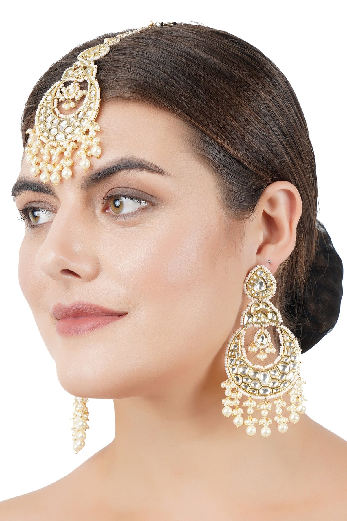 Gold Plated Chandbali Earrings With Maang Tikka