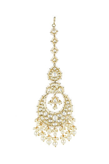 Gold Plated Chandbali Earrings With Maang Tikka