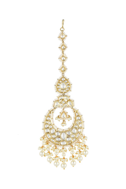 Gold Plated Chandbali Earrings With Maang Tikka