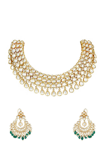 Gold Plated Green Onex & Kundan Necklace Set