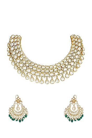 Gold Plated Green Onex & Kundan Necklace Set