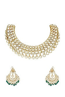 Gold Plated Green Onex & Kundan Necklace Set