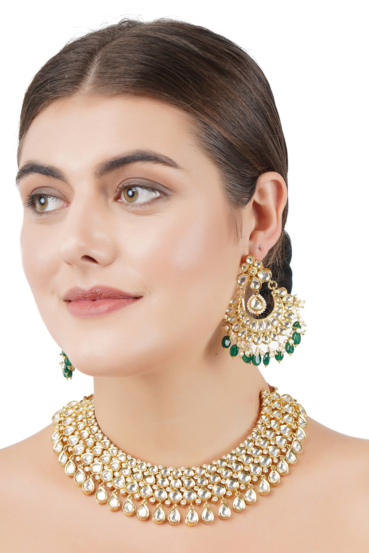 Gold Plated Green Onex & Kundan Necklace Set