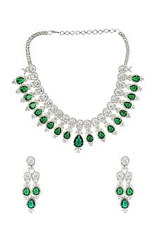 White Finish Necklace Set With Green Diamante