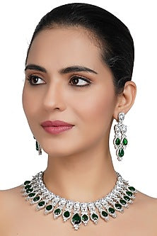 White Finish Necklace Set With Green Diamante