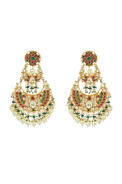 Gold Plated Chandbali Earrings With Kundan Polki