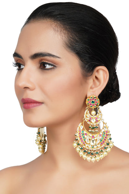 Gold Plated Chandbali Earrings With Kundan Polki