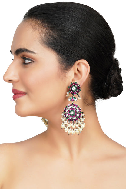 Gold Plated Chandbali Earrings With Pink Kundan Polki