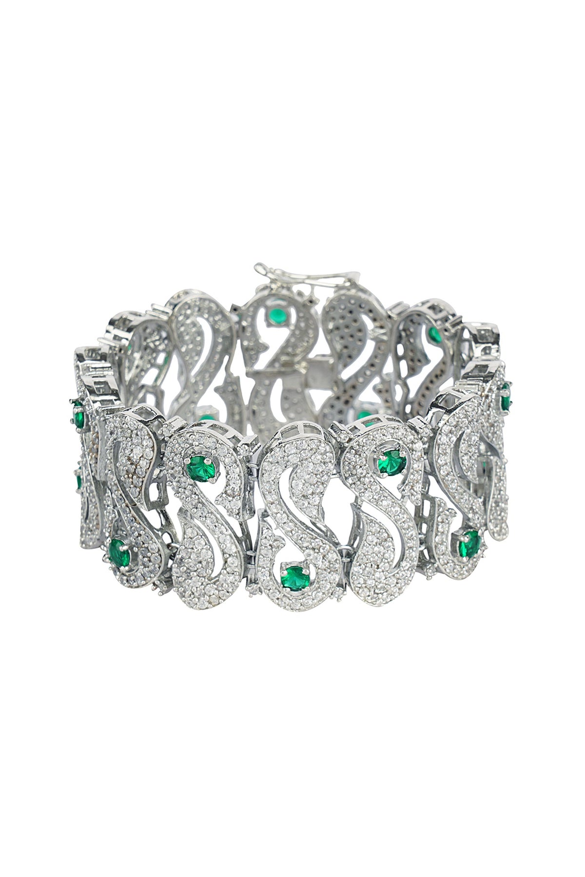 Silver Finish Bracelet With Green Stones