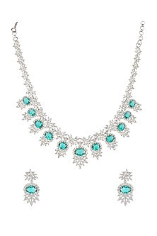 White Finish Necklace Set With Aqua Diamante