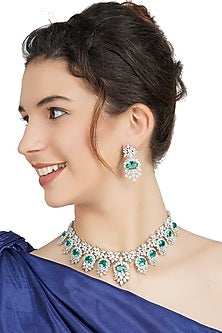 White Finish Necklace Set With Aqua Diamante