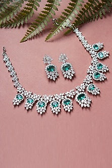 White Finish Necklace Set With Aqua Diamante