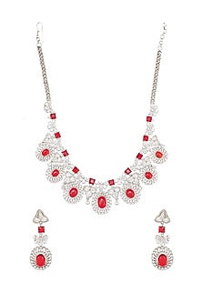White Rhodium Finish Necklace Set With Red Diamonds