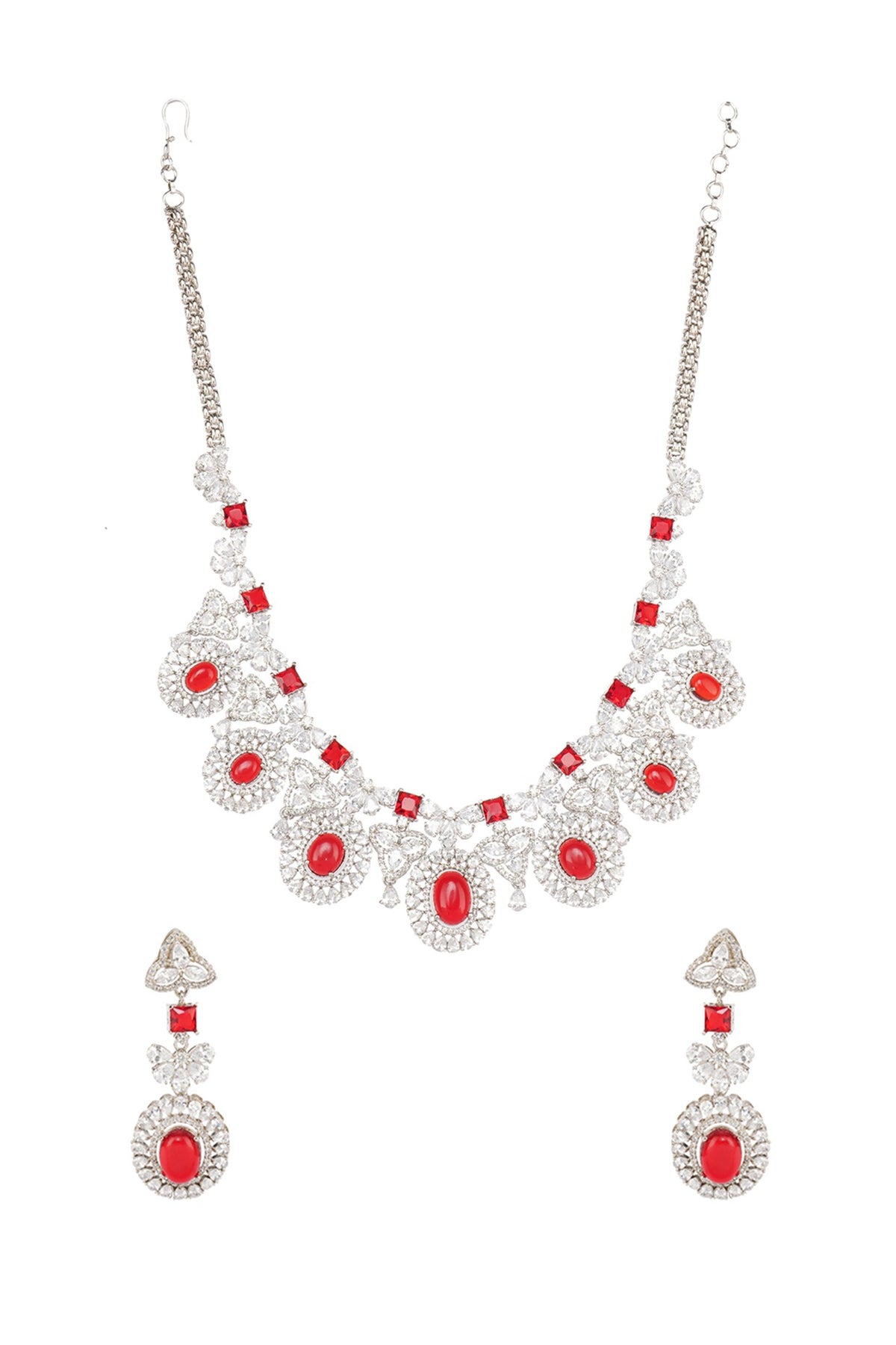 White Rhodium Finish Necklace Set With Red Diamonds