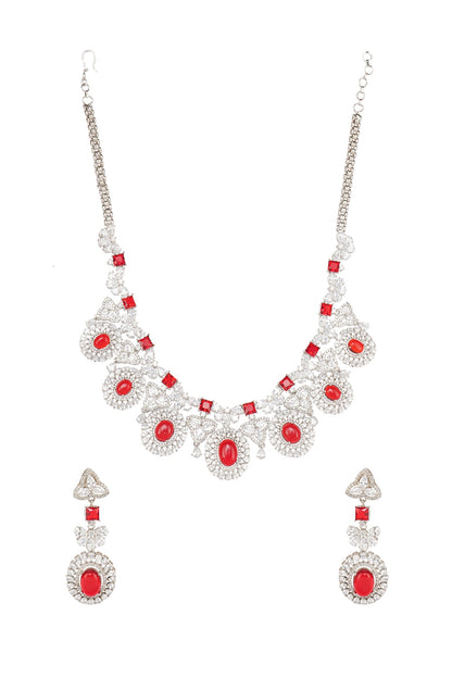 White Rhodium Finish Necklace Set With Red Diamonds