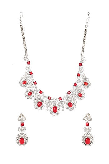 White Rhodium Finish Necklace Set With Red Diamonds