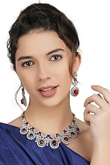 White Rhodium Finish Necklace Set With Red Diamonds