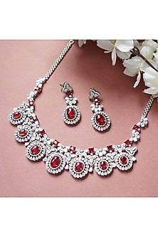 White Rhodium Finish Necklace Set With Red Diamonds