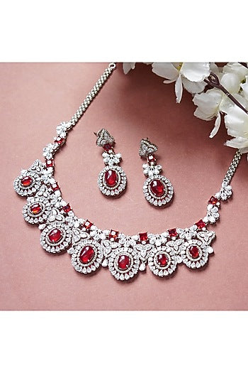 White Rhodium Finish Necklace Set With Red Diamonds