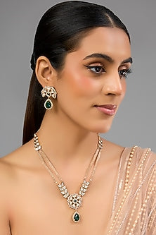 Gold Finish Green Synthetic Stone Handcrafted Necklace Set