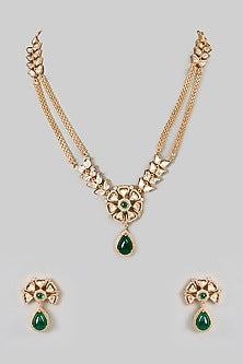 Gold Finish Green Synthetic Stone Handcrafted Necklace Set