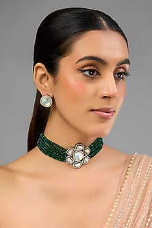 Gold Finish Black Synthetic Stone Handcrafted Choker Necklace Set