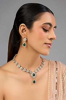 Gold Finish Kundan Polki & Green Stone Enameled Necklace Set