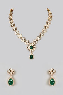 Gold Finish Kundan Polki & Green Stone Enameled Necklace Set