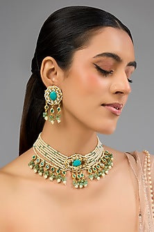 Gold Finish Kundan Polki & Turquoise Stone Choker Necklace Set