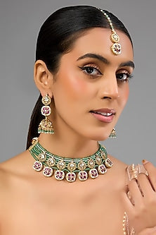 Gold Finish Kundan Polki & Multi-Colored Stone Choker Necklace Set
