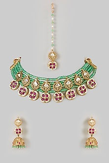 Gold Finish Kundan Polki & Multi-Colored Stone Choker Necklace Set