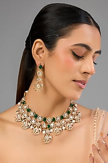 Gold Finish Kundan Polki & Multi-Colored Stone Handcrafted Necklace Set