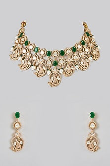 Gold Finish Kundan Polki & Multi-Colored Stone Handcrafted Necklace Set