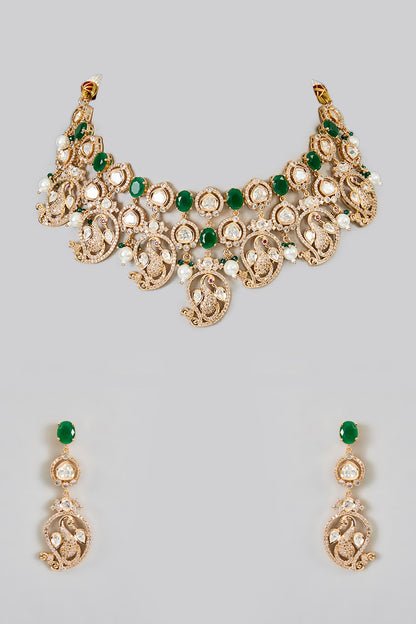 Gold Finish Kundan Polki & Multi-Colored Stone Handcrafted Necklace Set