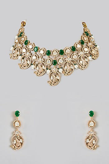 Gold Finish Kundan Polki & Multi-Colored Stone Handcrafted Necklace Set