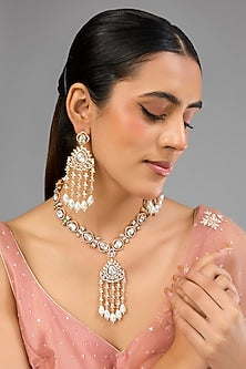 Gold Finish Kundan Polki & Aqua Beaded Long Necklace Set
