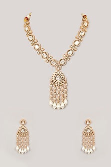 Gold Finish Kundan Polki & Aqua Beaded Long Necklace Set