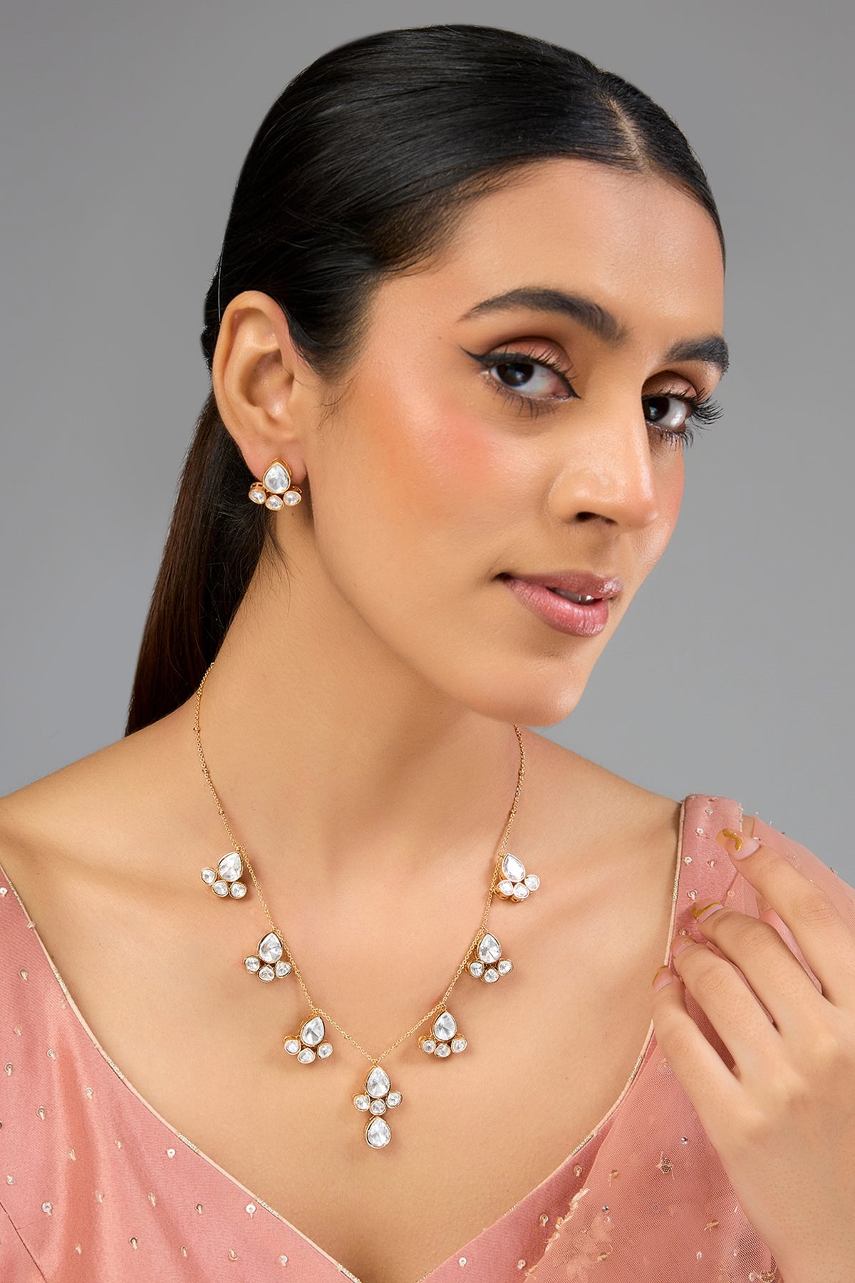 Gold Finish Kundan Polki Floral Necklace Set