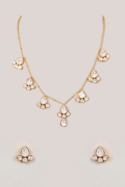 Gold Finish Kundan Polki Floral Necklace Set