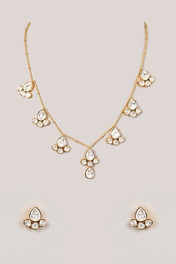 Gold Finish Kundan Polki Floral Necklace Set
