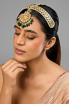 Gold Finish Kundan Stone & Green Beaded Mathapatti