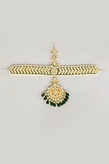 Gold Finish Kundan Stone & Green Beaded Mathapatti